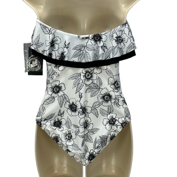 Tommy Hilfiger Strapless Floral Print One Piece Swimsuit - White Black - size 4 - Picture 2 of 11